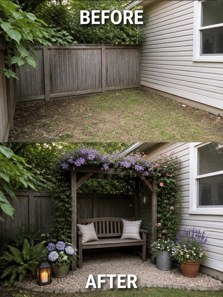 Before and after backyard makeover with pergola, bench, and blooming flowers.