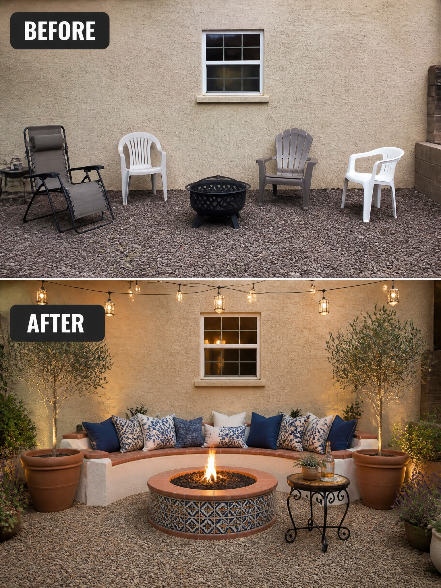 Before-and-after image of a gravel backyard with scattered chairs changed into a fire pit area with a curved bench, cushions, string lights, and potted plants.