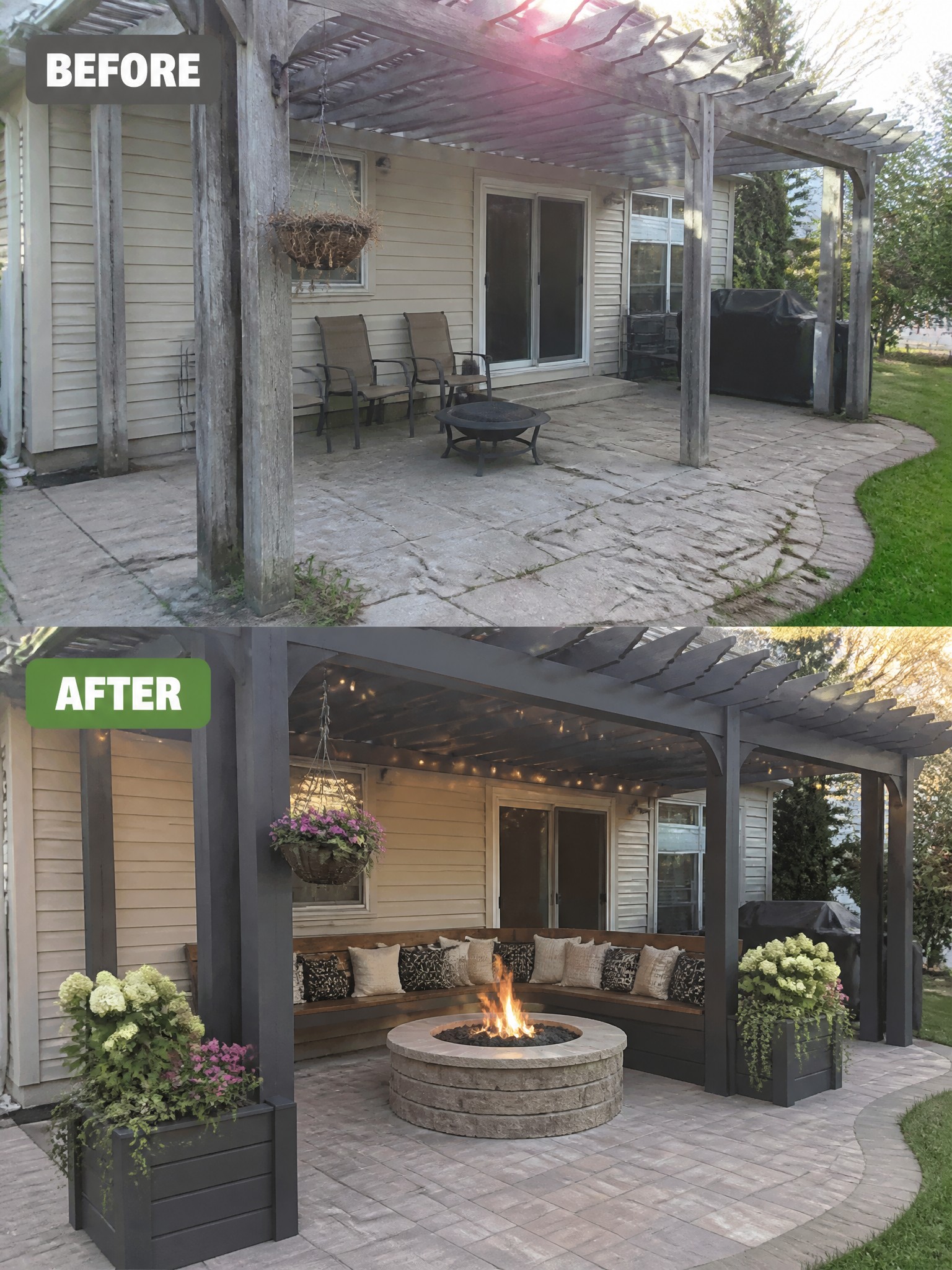 Before-and-after image of a patio with pergola and fire pit updated with built-in seating, string lights, and planters.