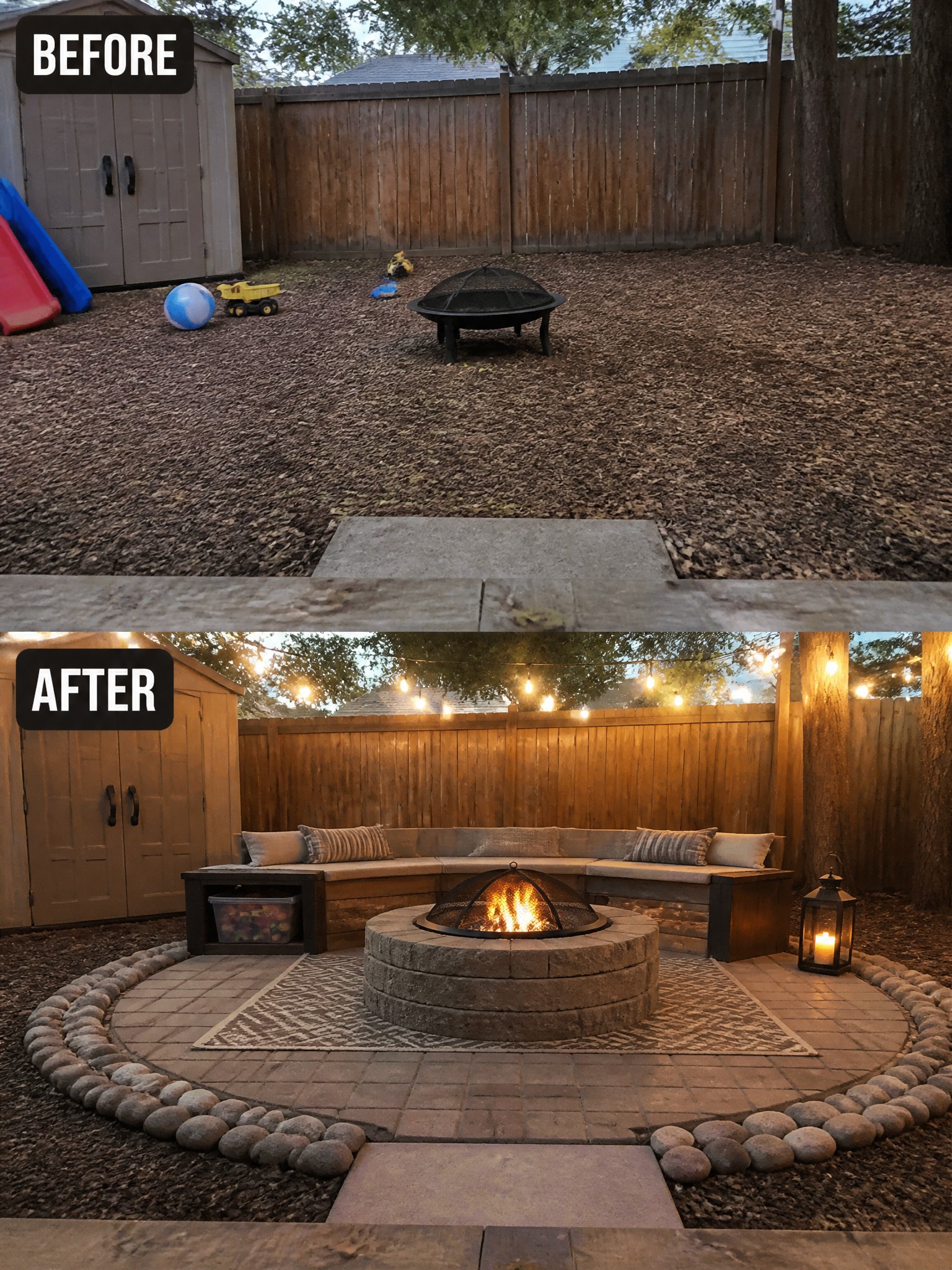 Before-and-after transformation of a backyard with a fire pit, seating, and string lights.