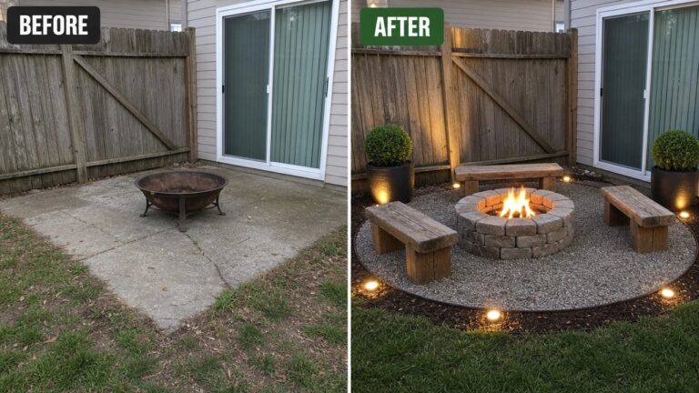 23 Cozy Backyard Before and After Ideas With Fire Pit Areas Before: bare concrete patio with a fire pit. After: transformed space with gravel, lighting, and wooden benches.