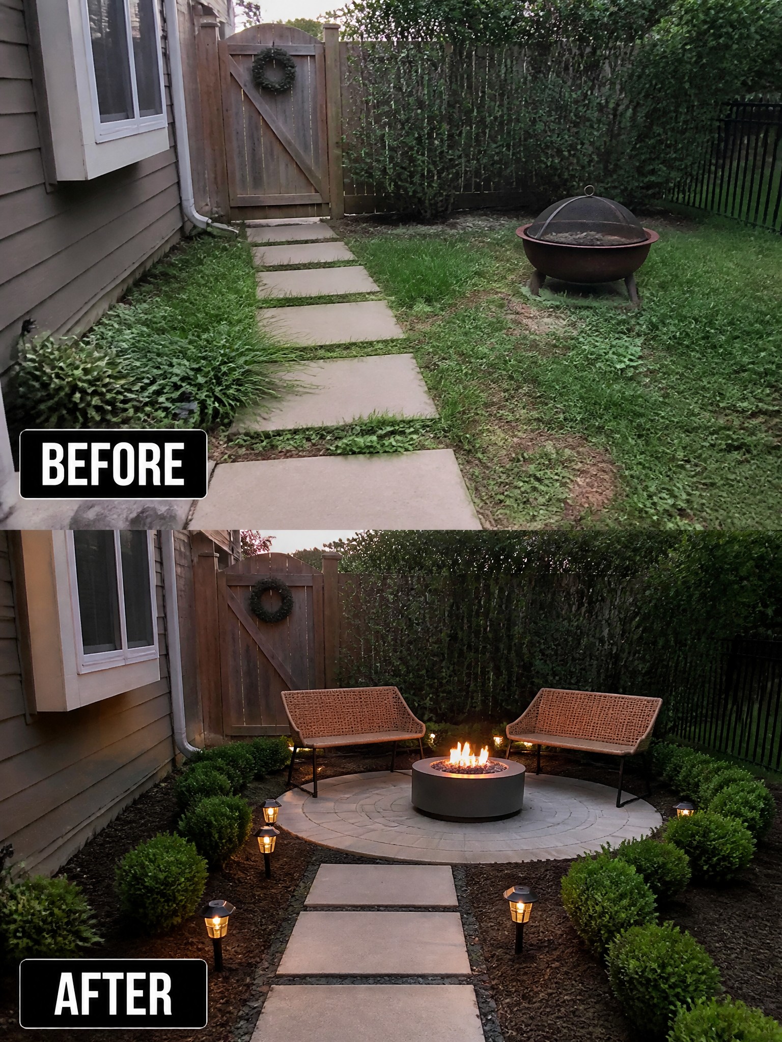 Before and after transformation of a garden with a fire pit and seating.