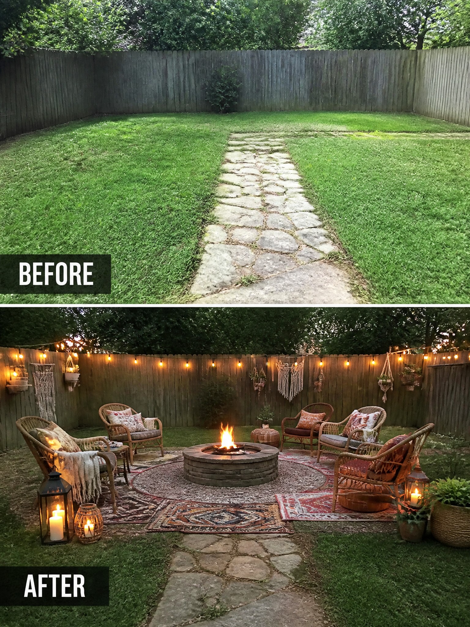 Before-and-after image of an empty backyard with a stone path changed into a fire pit seating area with chairs, rugs, and string lights.