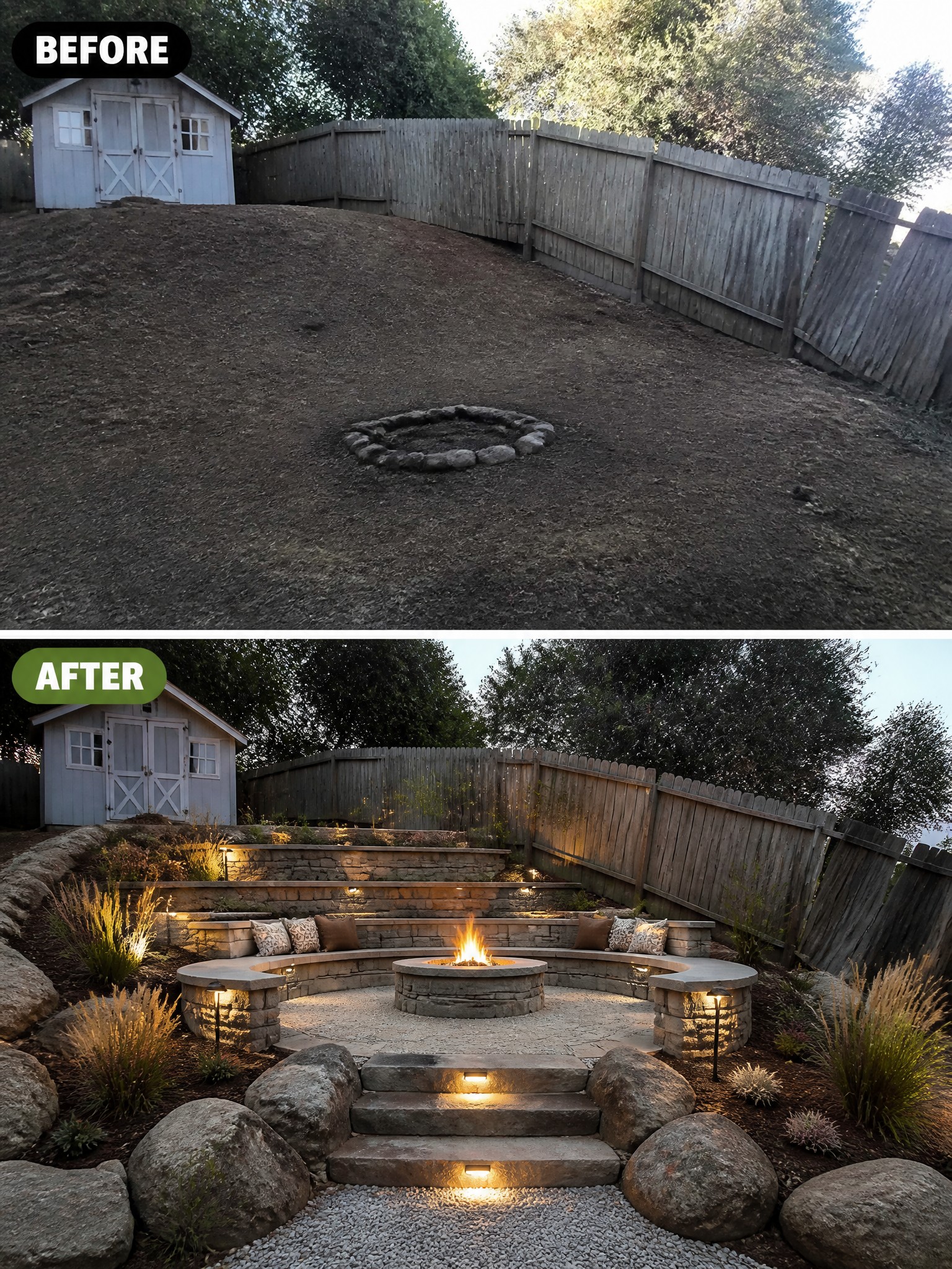Before and after transformation of a backyard with a firepit and seating area.
