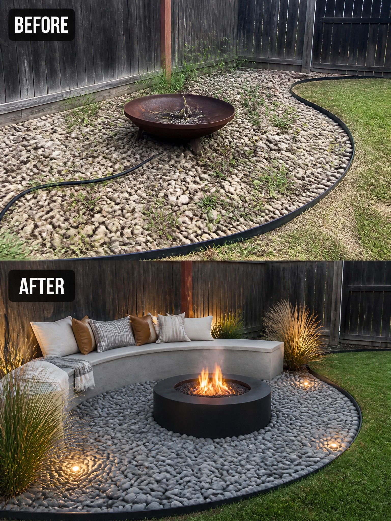 Before and after transformation of a backyard fire pit area, from overgrown to modern design.