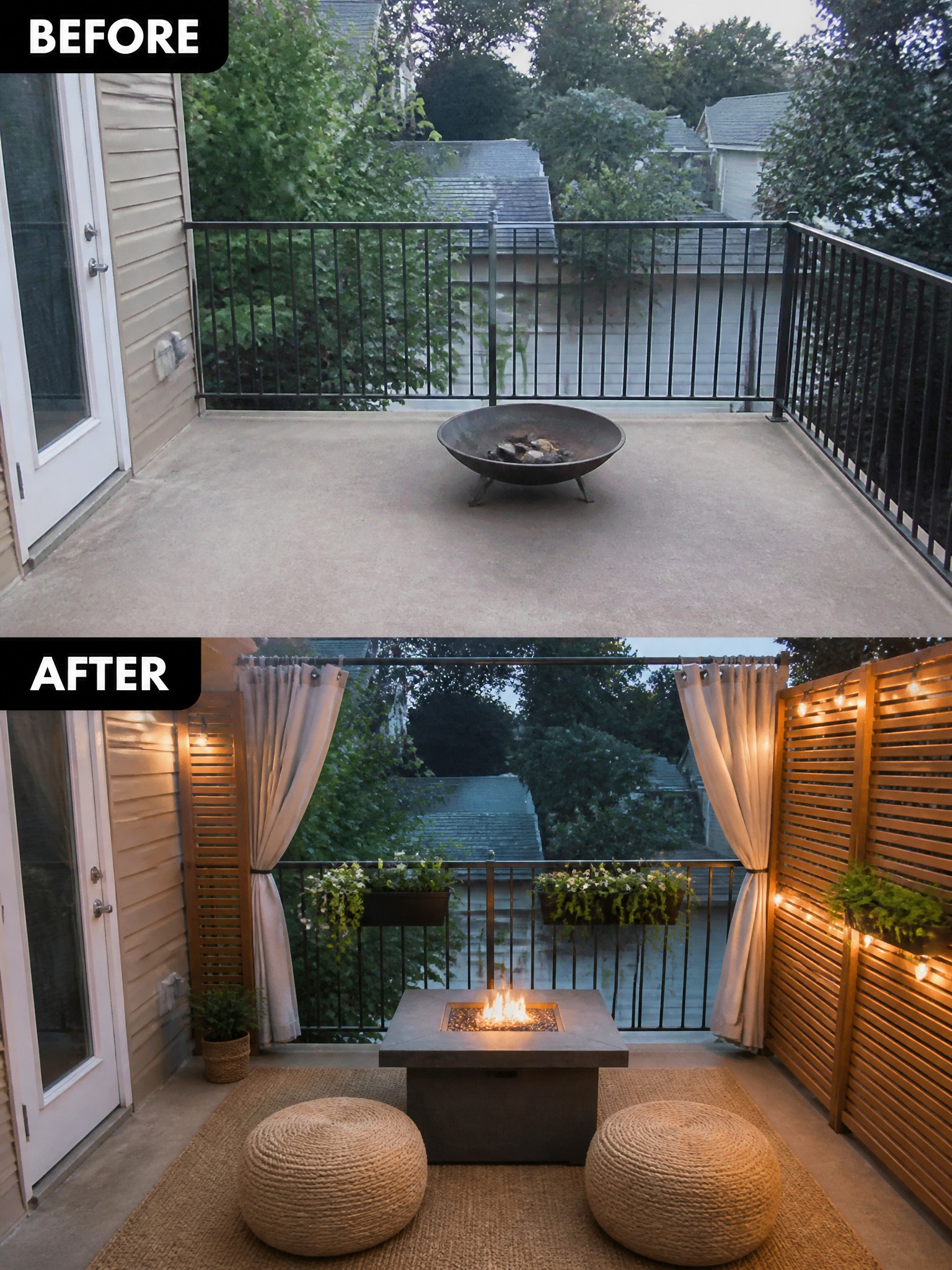 Before-and-after image of a plain concrete balcony with a fire pit bowl transformed into a furnished outdoor seating area with a square fire pit table, woven poufs, rug, curtains, and string lights.