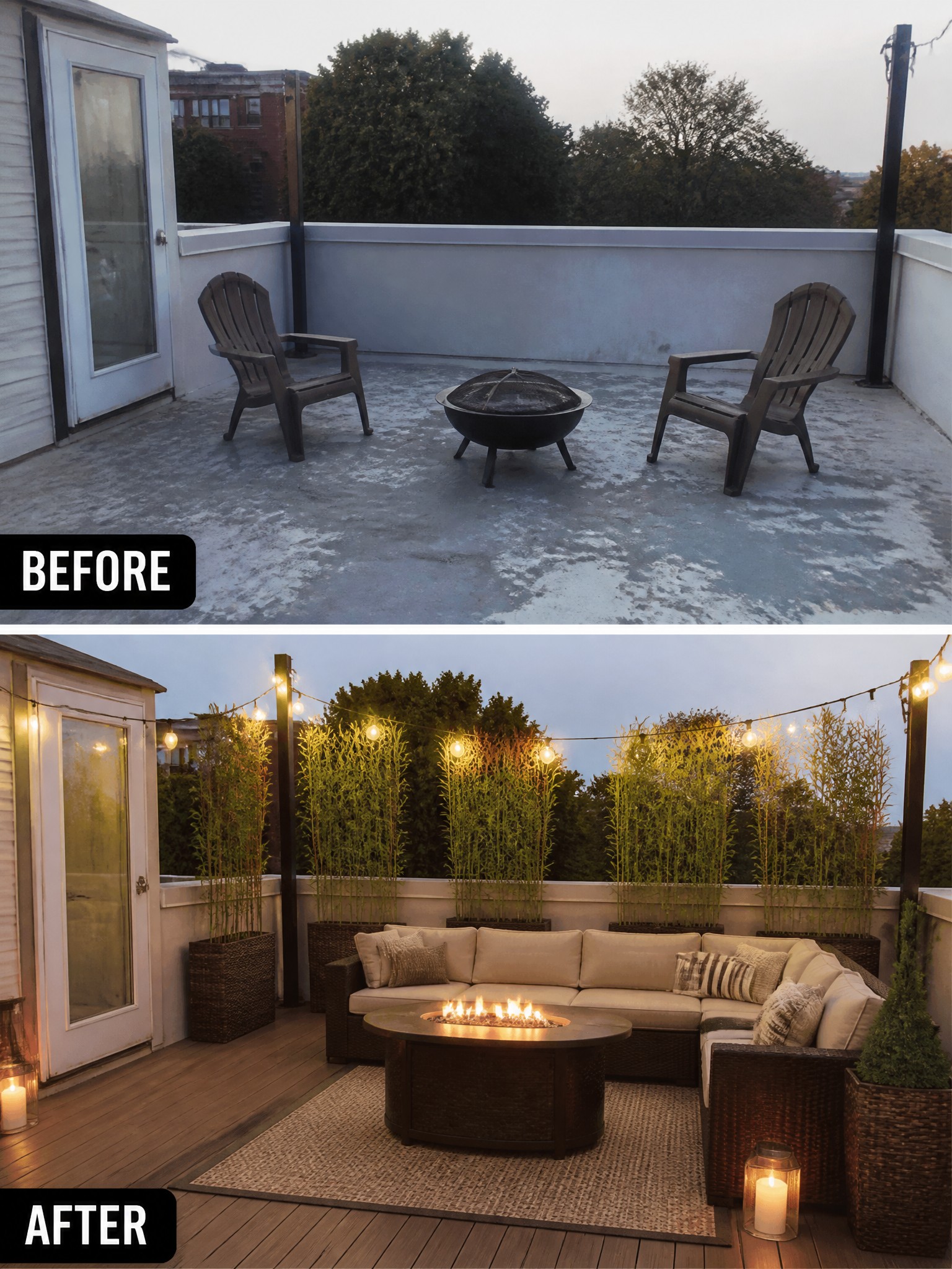 Before-and-after rooftop transformation with furniture, fire pit, plants, and string lights.