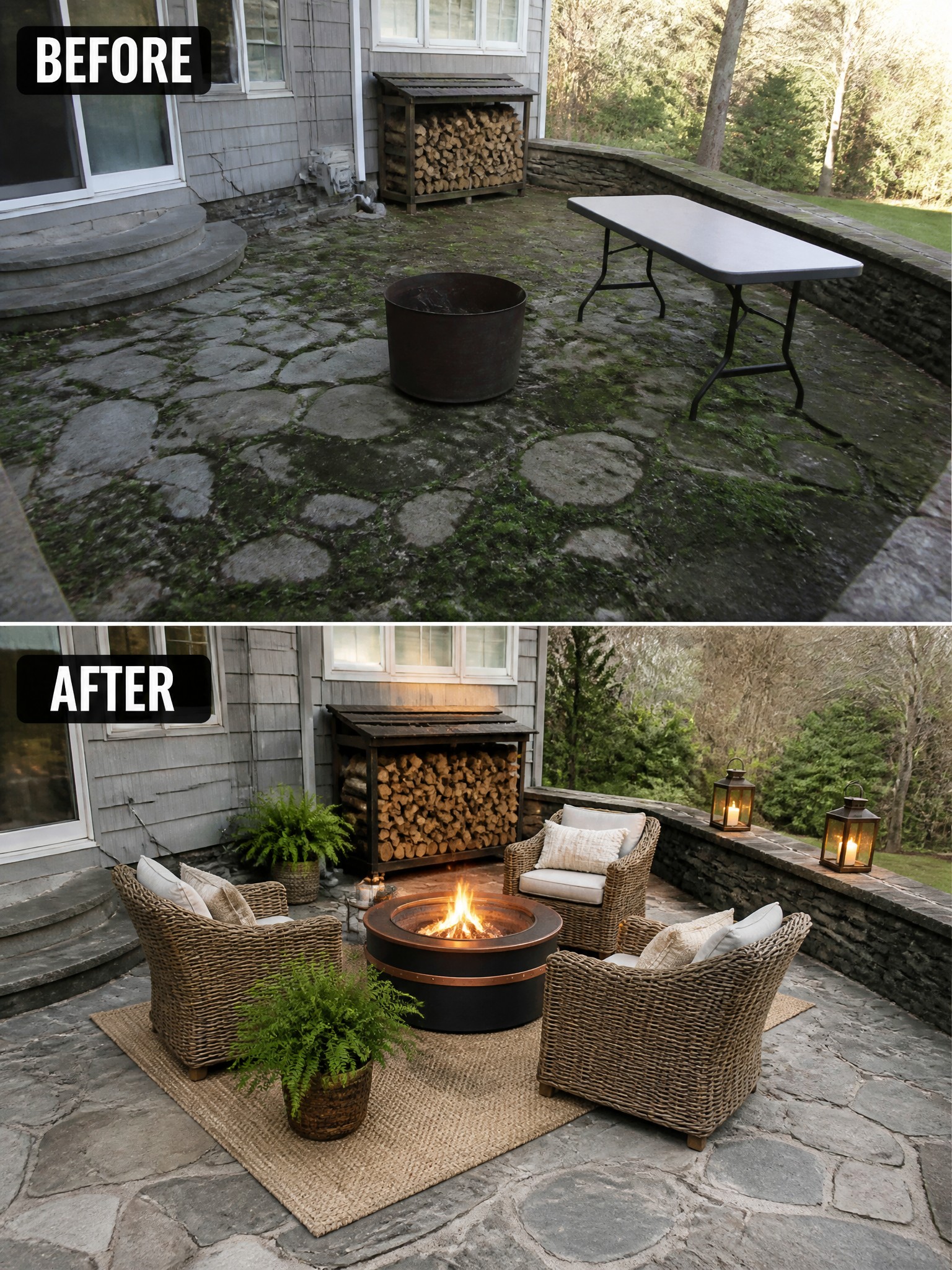 Before and after of a patio, showcasing a fire pit, chairs, and decor.