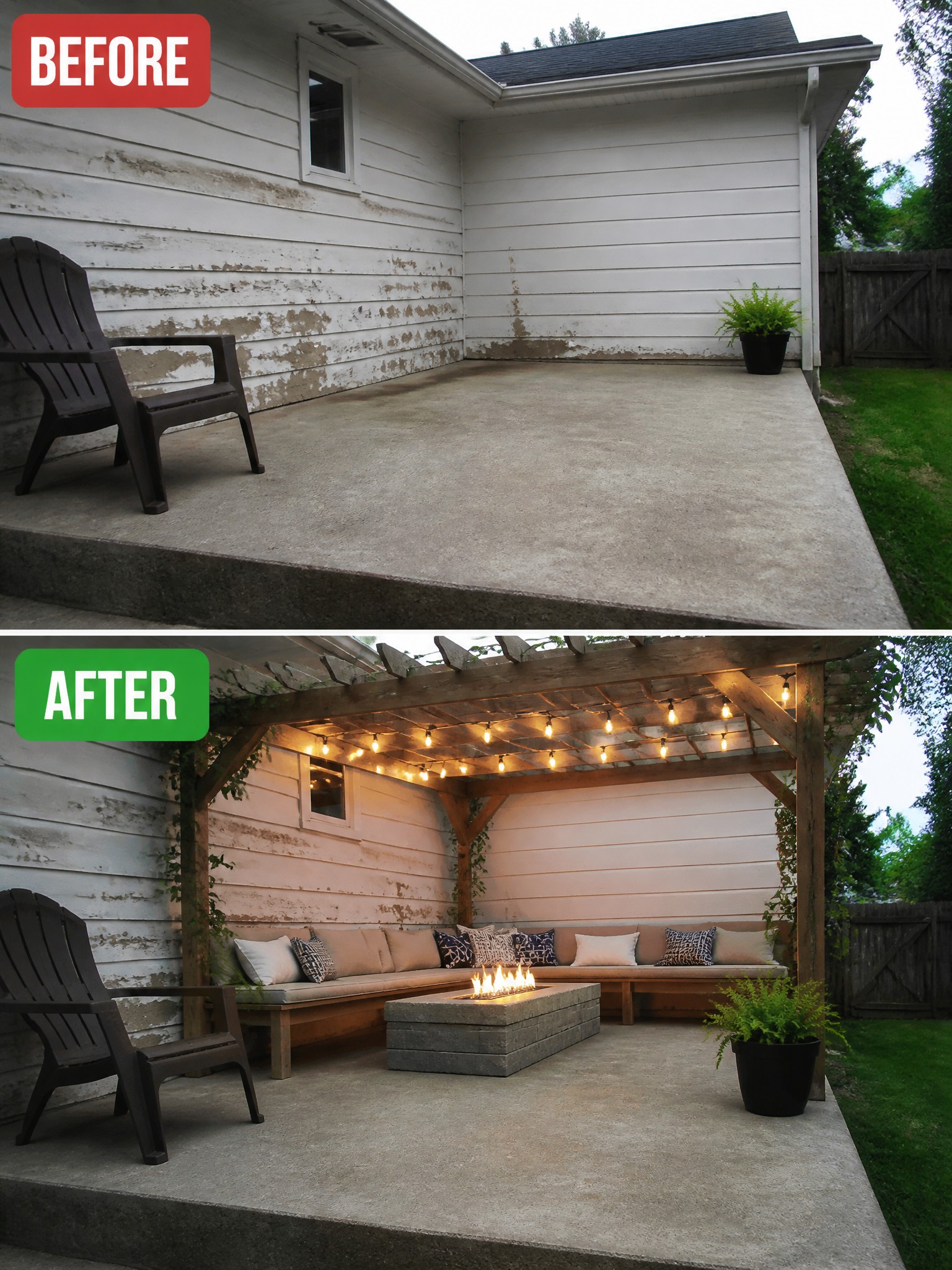 Before and after patio renovation with seating, fire pit, and string lights.