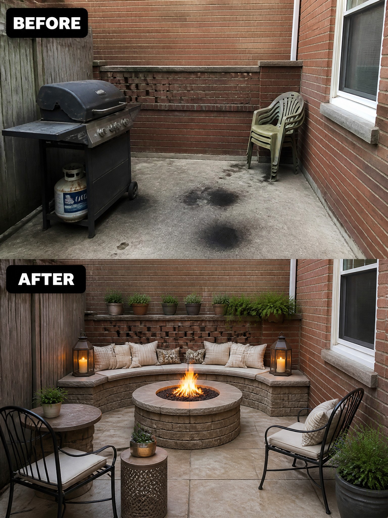 Transformed outdoor space with a circular fire pit, seating, plants, and cozy lighting.