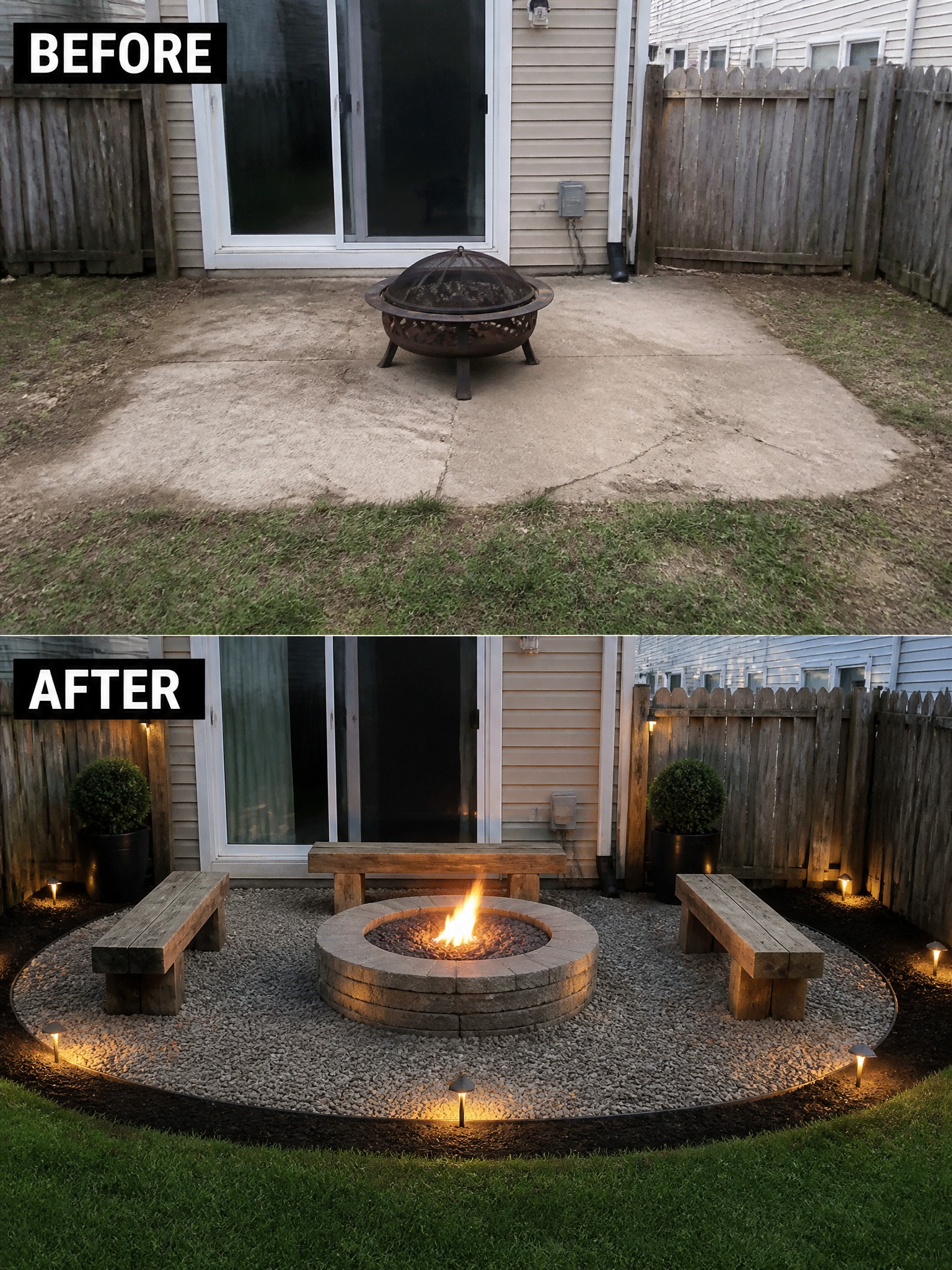 Before: bare concrete patio with a fire pit. After: transformed space with gravel, lighting, and wooden benches.
