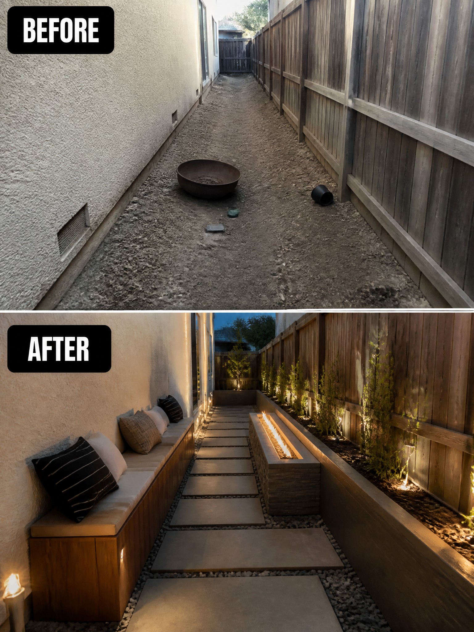 Before-and-after transformation of a narrow outdoor space, featuring seating, lights, and plants.