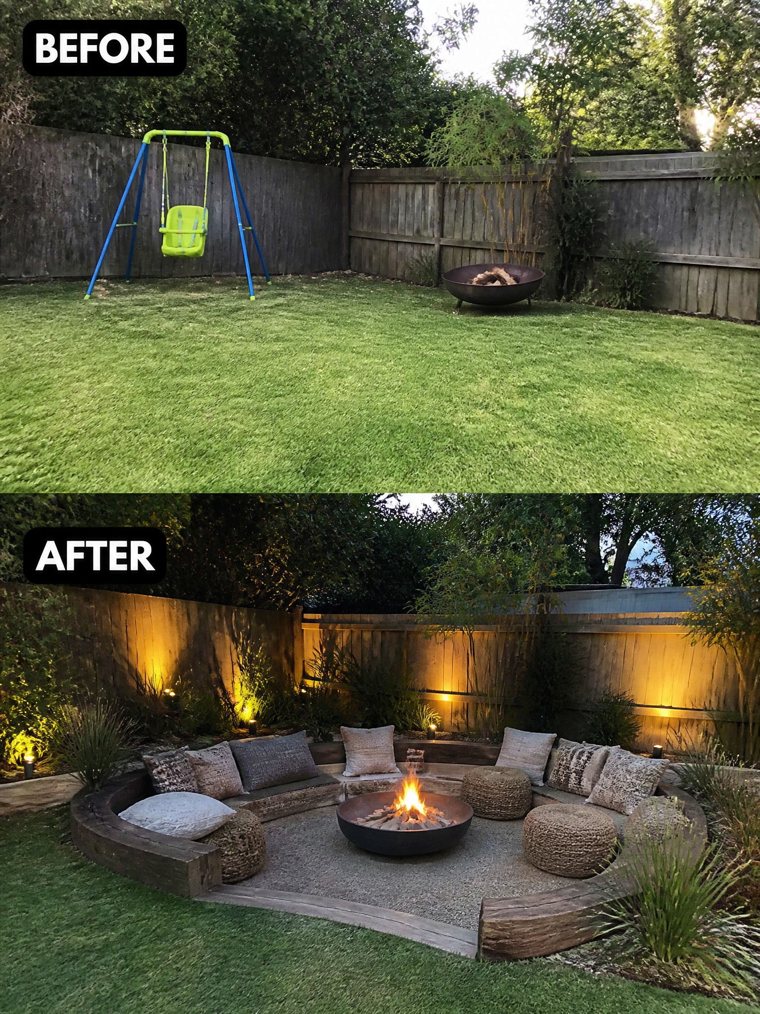 Transformative backyard makeover featuring a cozy fire pit, circular seating, and ambient lighting.