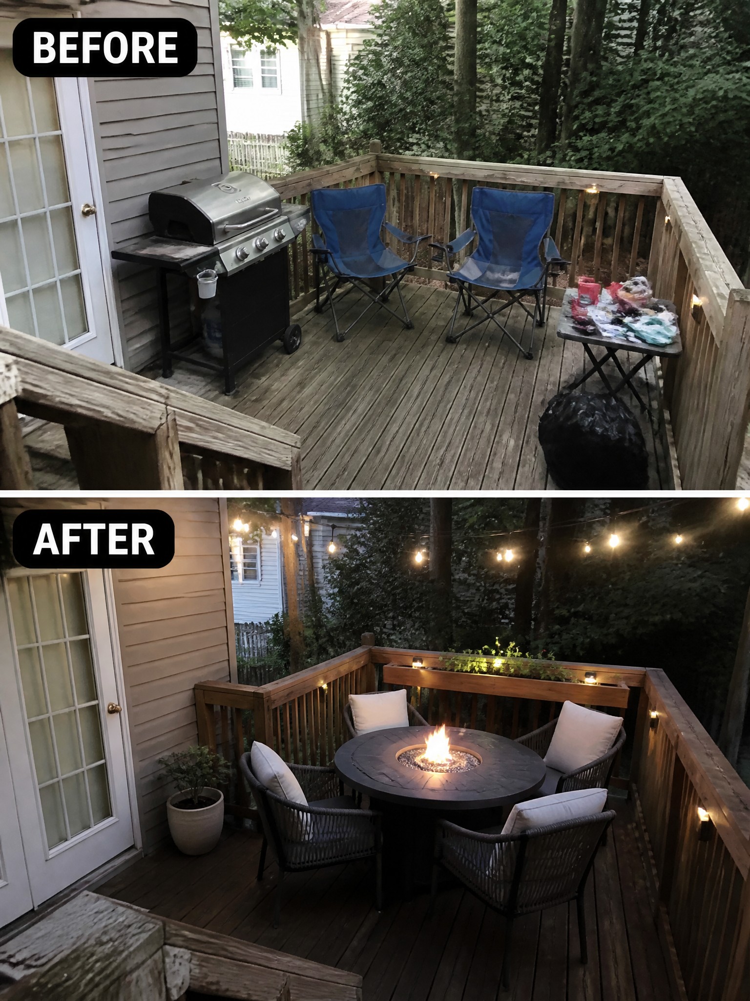 A wooden deck transformed with a fire pit, cozy seating, and string lights.