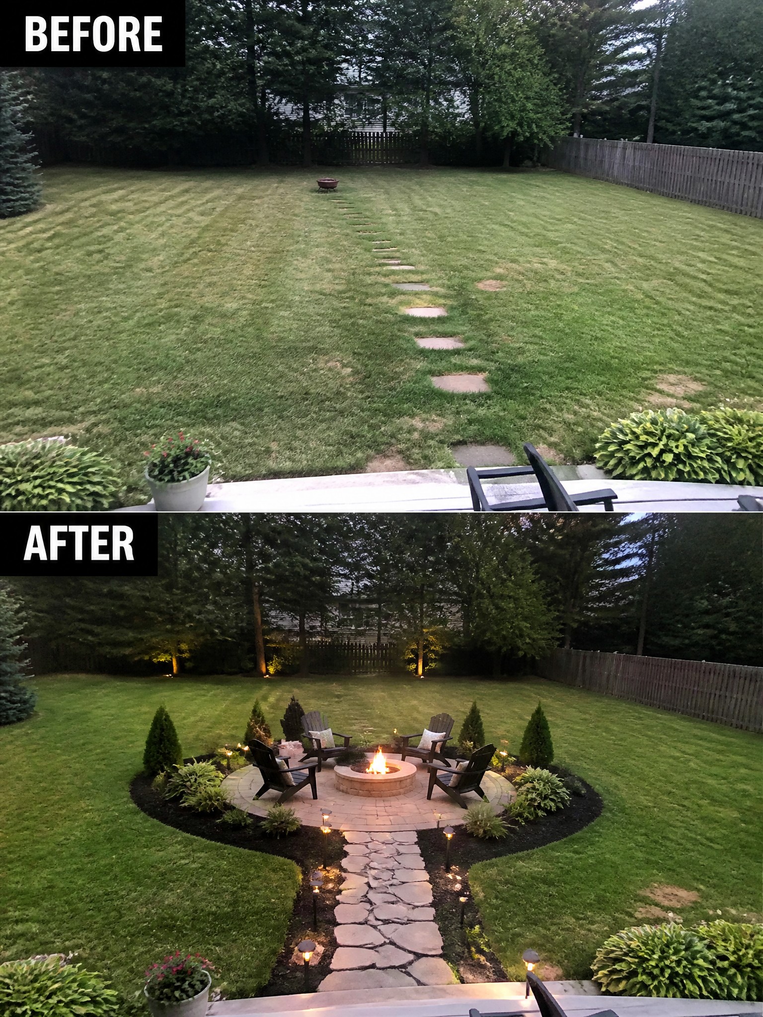 Side-by-side comparison of a backyard before and after landscaping, featuring a fire pit.