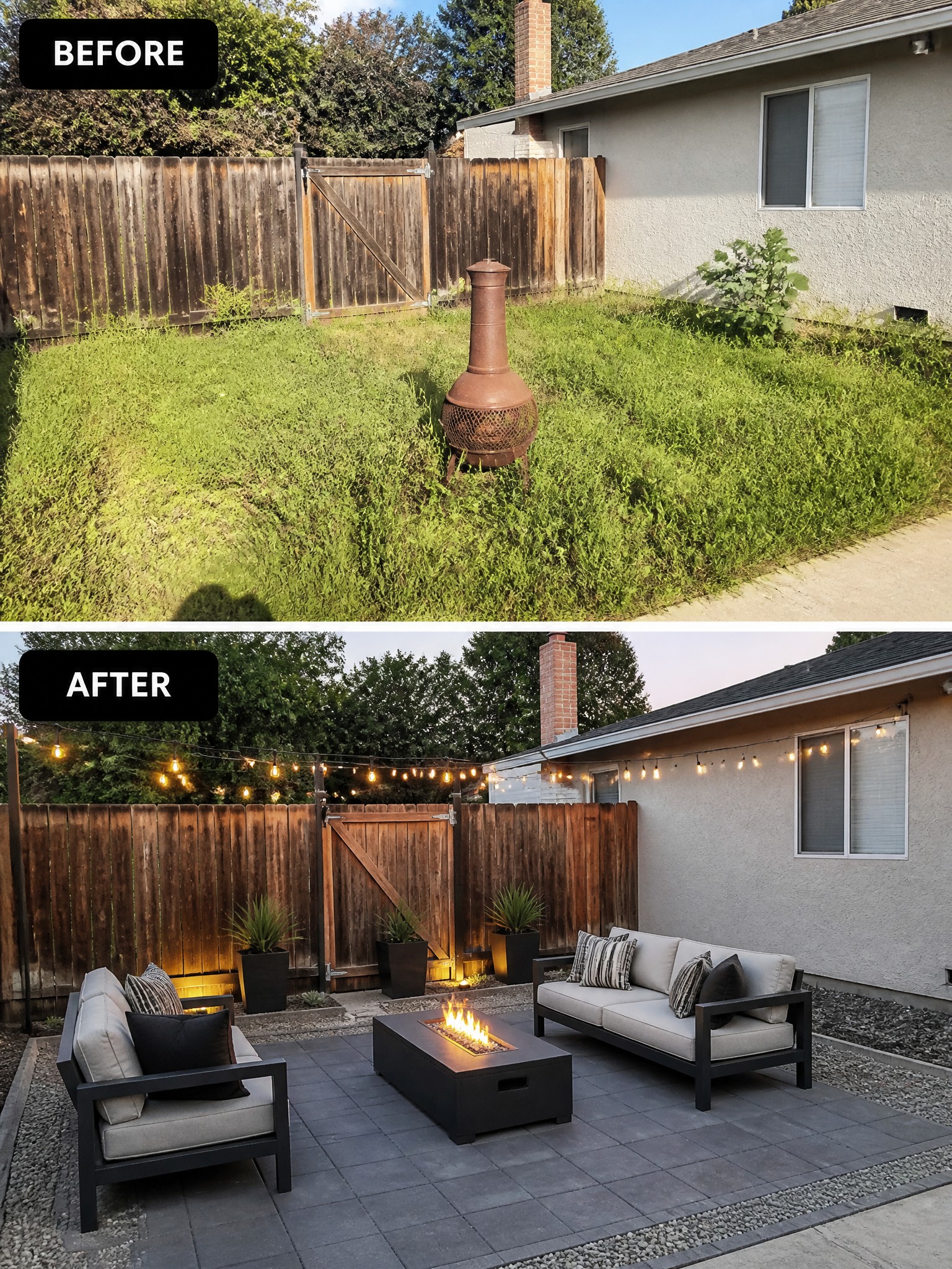Before-and-after image of an overgrown backyard changed into a paved patio with a fire pit, seating, and string lights.