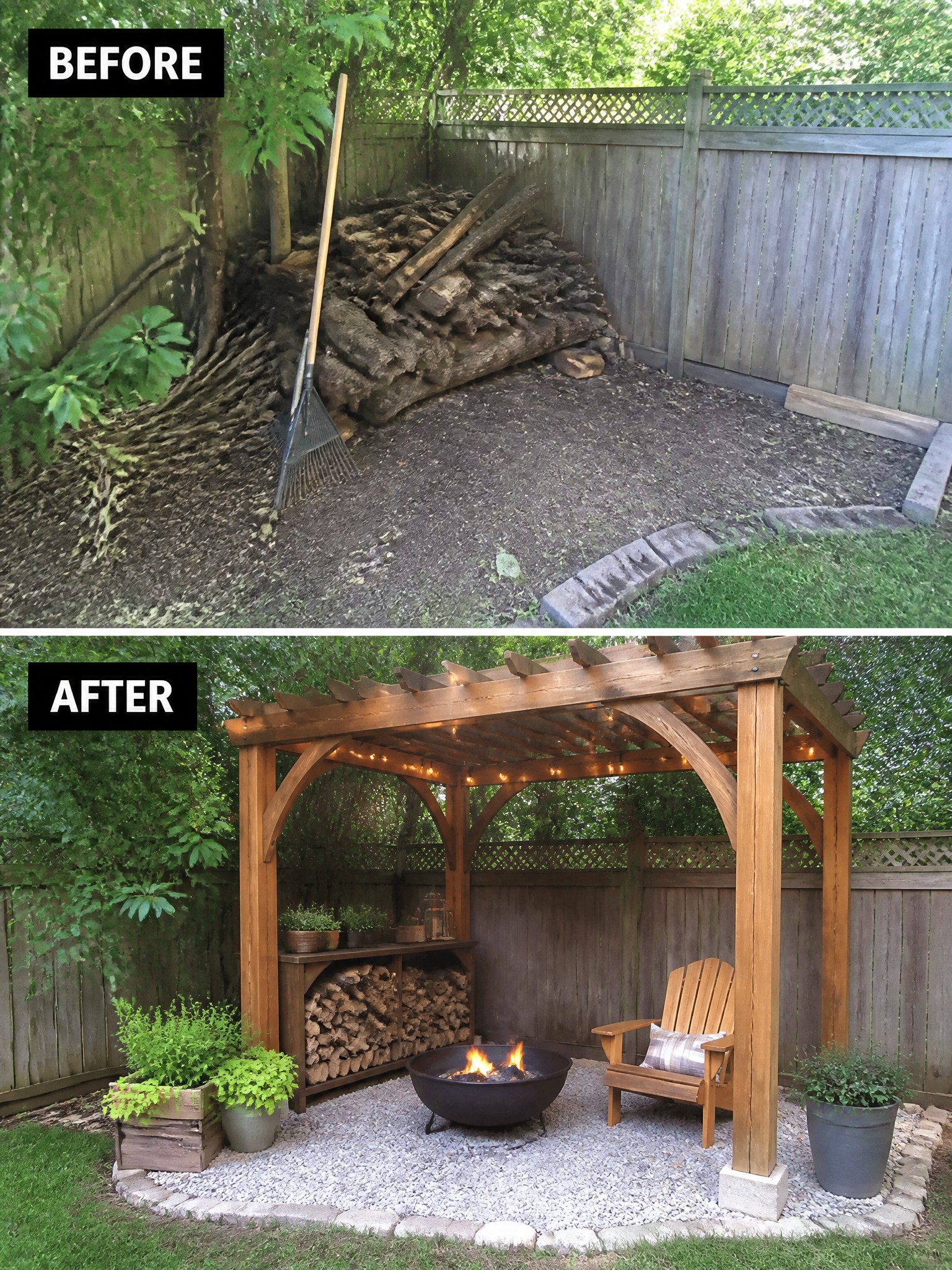 Before: a messy wood pile; After: a cozy outdoor fire pit with seating and greenery.