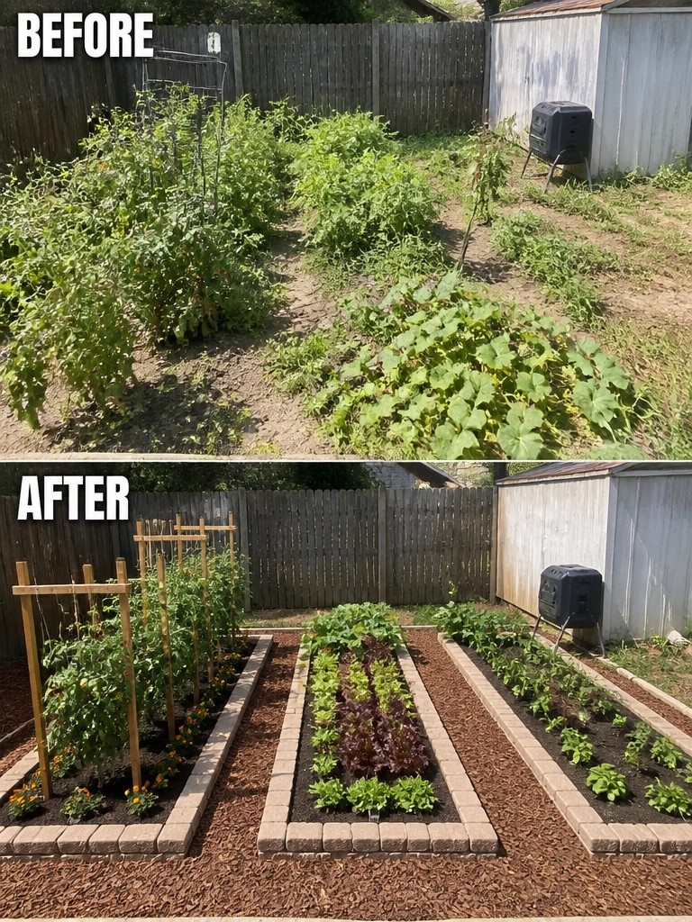 Before and after of overgrown garden transformed into neat raised vegetable beds with mulch