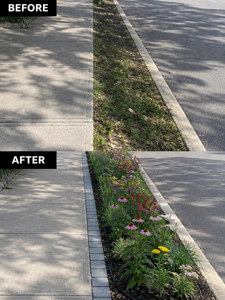 Before weedy grass strip and after colorful flower garden along sidewalk.