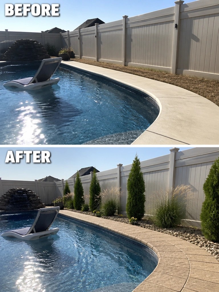 Before and after views of pool with new stone decking and added shrubs.