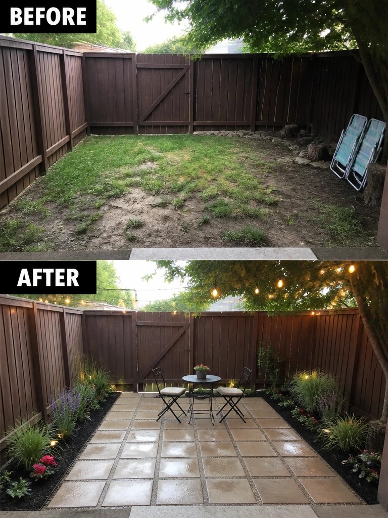 Before messy yard and after tiled patio with bistro set, plants and string lights