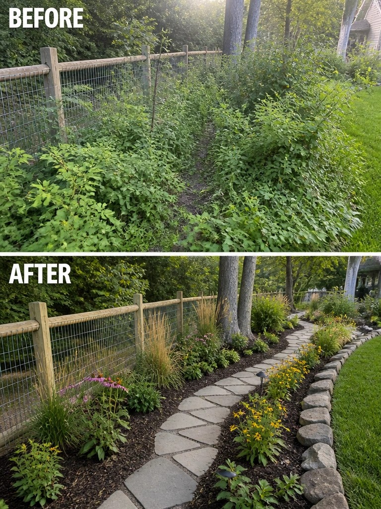 Before and after of overgrown fence area transformed into landscaped garden with stone path.