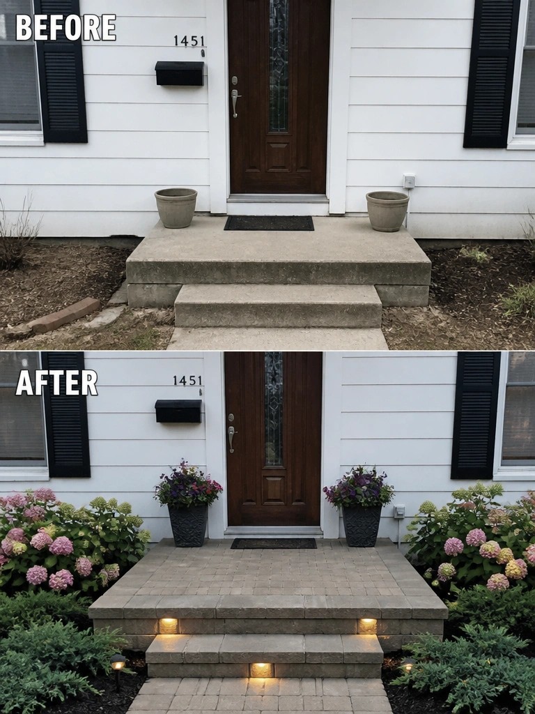 Before-and-after image of a concrete front porch changed into a paver landing with garden beds and planters on both sides.