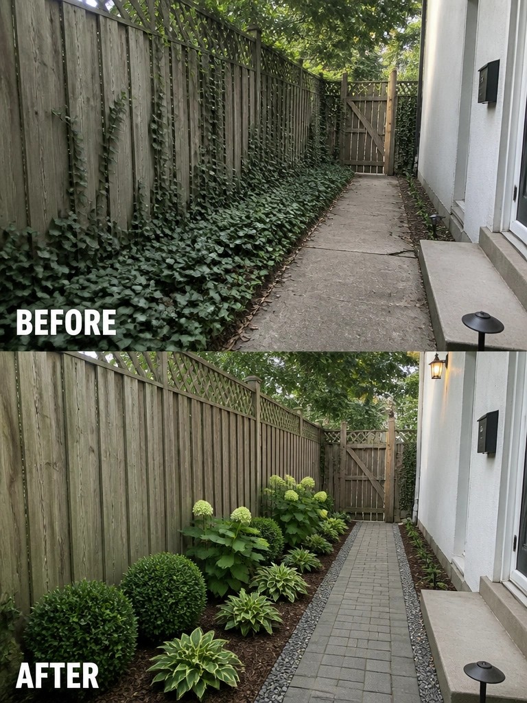 Before-and-after image of an overgrown ivy-covered fence line changed into a landscaped path with brick pavers and planted garden beds.