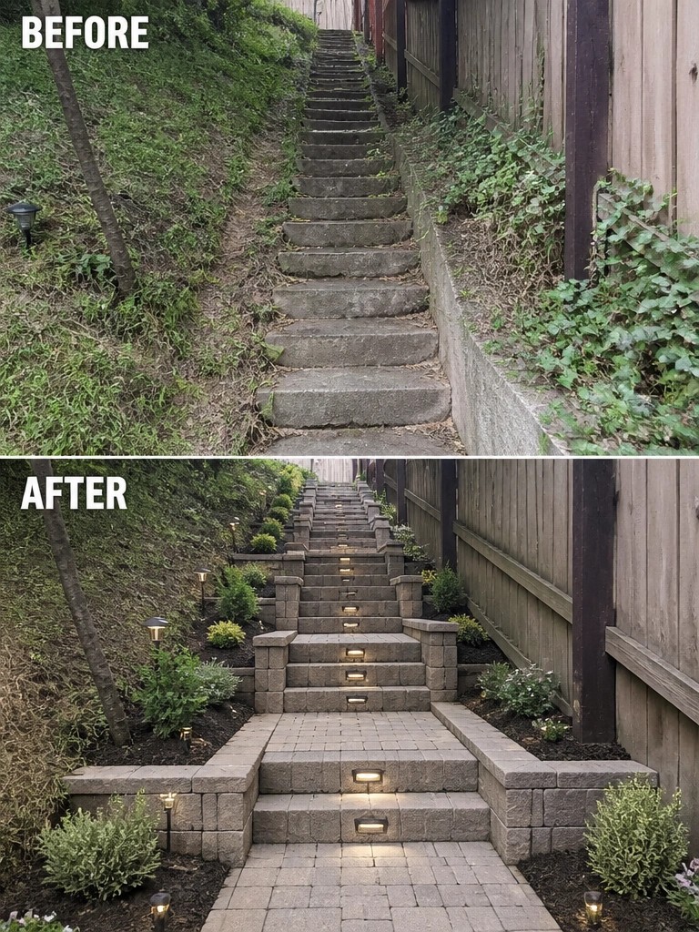 Before and after of overgrown concrete stairs renovated with stone, lights and landscaping