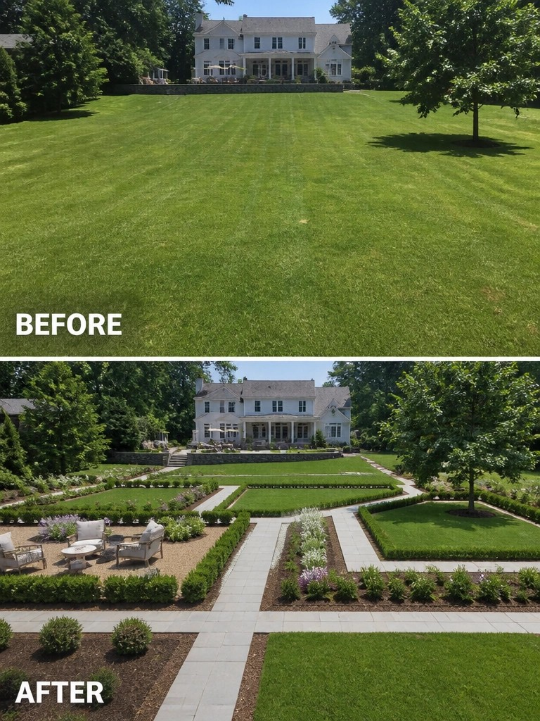 Before and after of white house lawn transformed into formal garden with paths and beds.