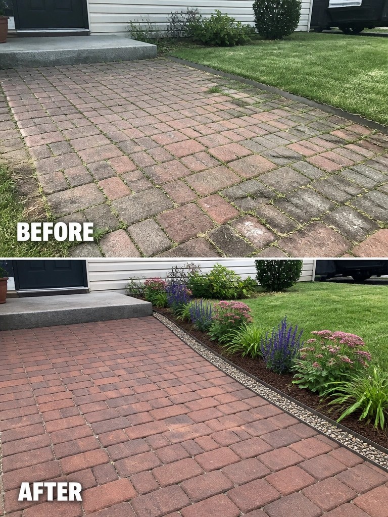 Before-and-after image of a brick paver walkway with an added garden bed, edging, and planted border along the side.
