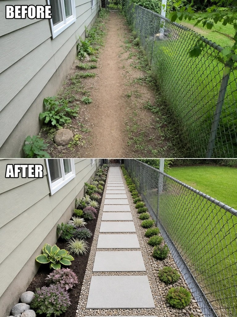 Before-and-after image of a dirt side path turned into a paver walkway with gravel borders and planted garden beds on both sides.