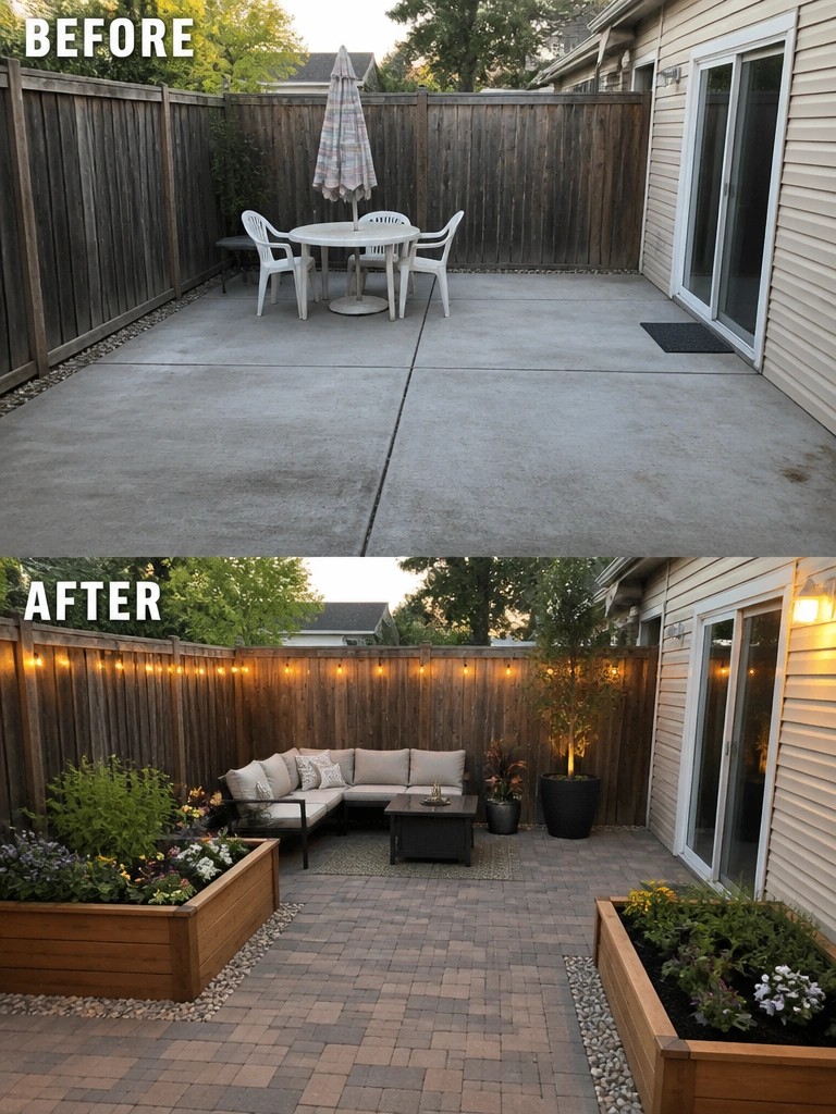 Before-and-after backyard patio with concrete slab, then pavers, sofa, lights and planters.