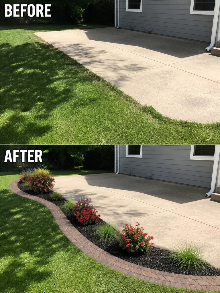 Before-and-after image of a concrete driveway edge changed from plain grass to a curved brick paver border with mulch and planted flower beds.