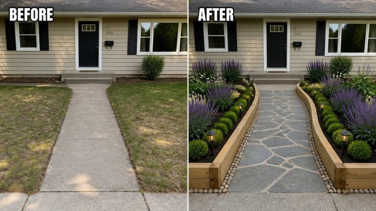 24 Creative Landscaping Makeover Ideas With Pavers and Garden Beds Before-and-after image of a cracked concrete walkway changed into a paver path lined with wooden garden beds and flowering plants.