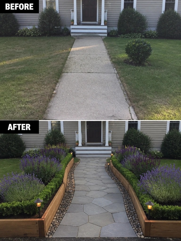 Before-and-after image of a cracked concrete walkway changed into a paver path lined with wooden garden beds and flowering plants.