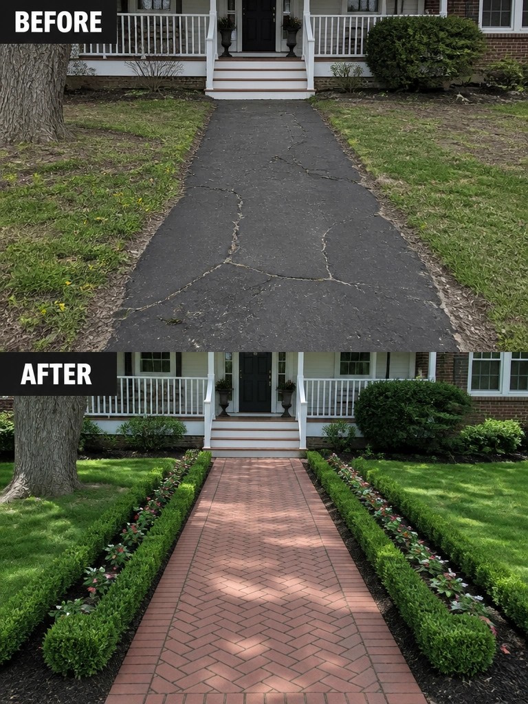 Before-and-after image of a cracked asphalt walkway replaced with a brick paver path lined by garden beds.