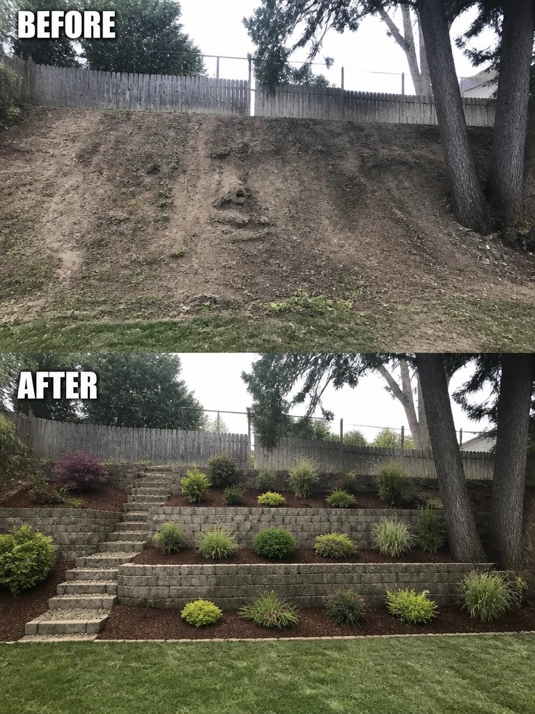 Before-and-after hillside transformed into tiered stone retaining walls with plants and steps