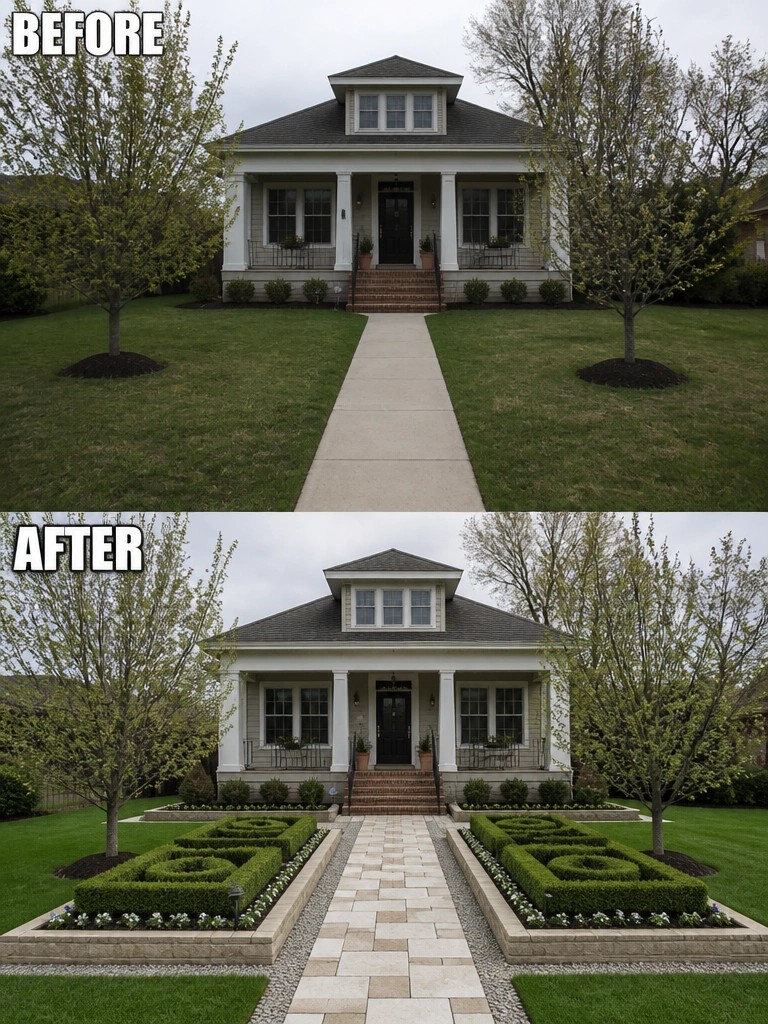 Before-and-after image of a front yard landscaping makeover with a plain lawn and concrete path changed into structured garden beds, pavers, and gravel borders.