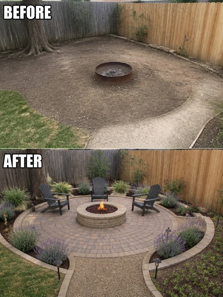 Before and after of fire pit yard transformed into stone patio with chairs and plants