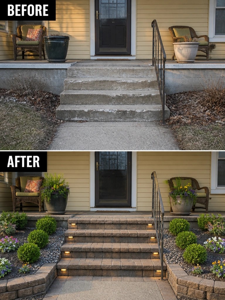 Before and after porch steps with brick paving, lights, and new landscaping.