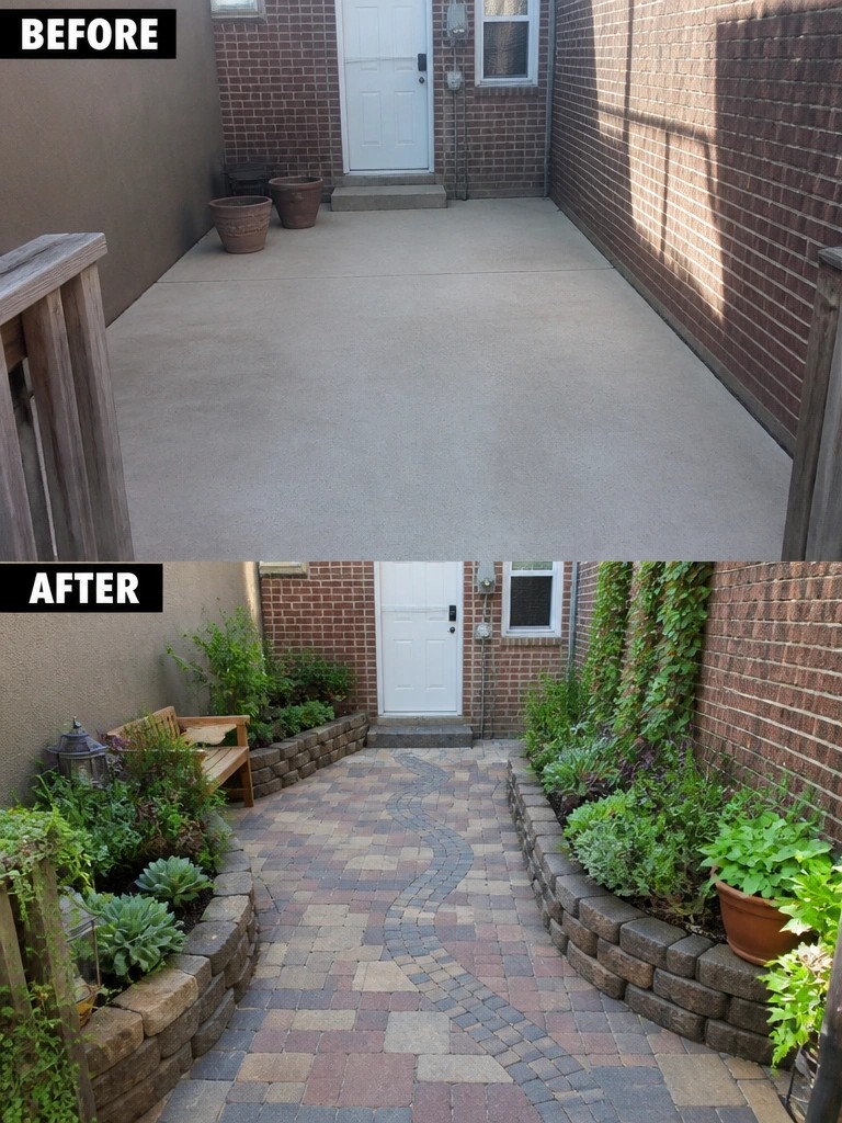 Before and after of concrete patio transformed into colorful paver garden with plants and bench.
