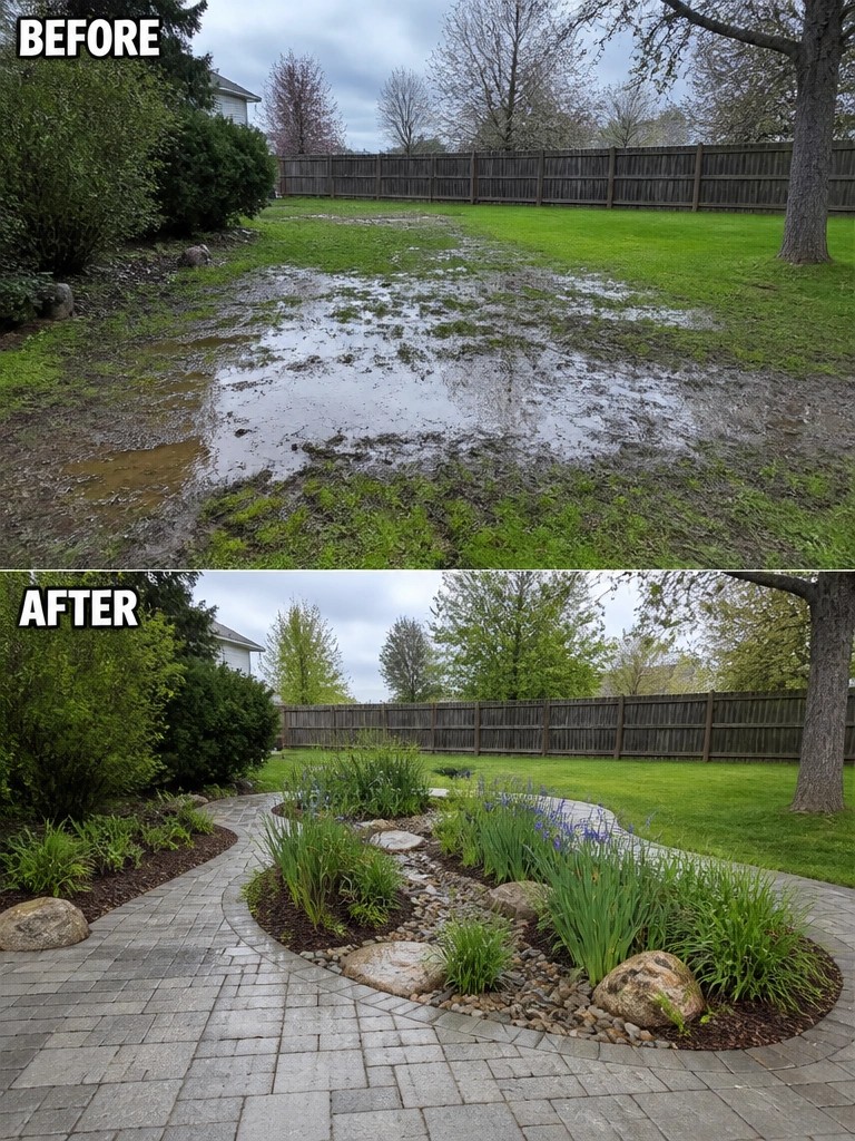 Before muddy flooded lawn, after curved stone patio with garden beds.