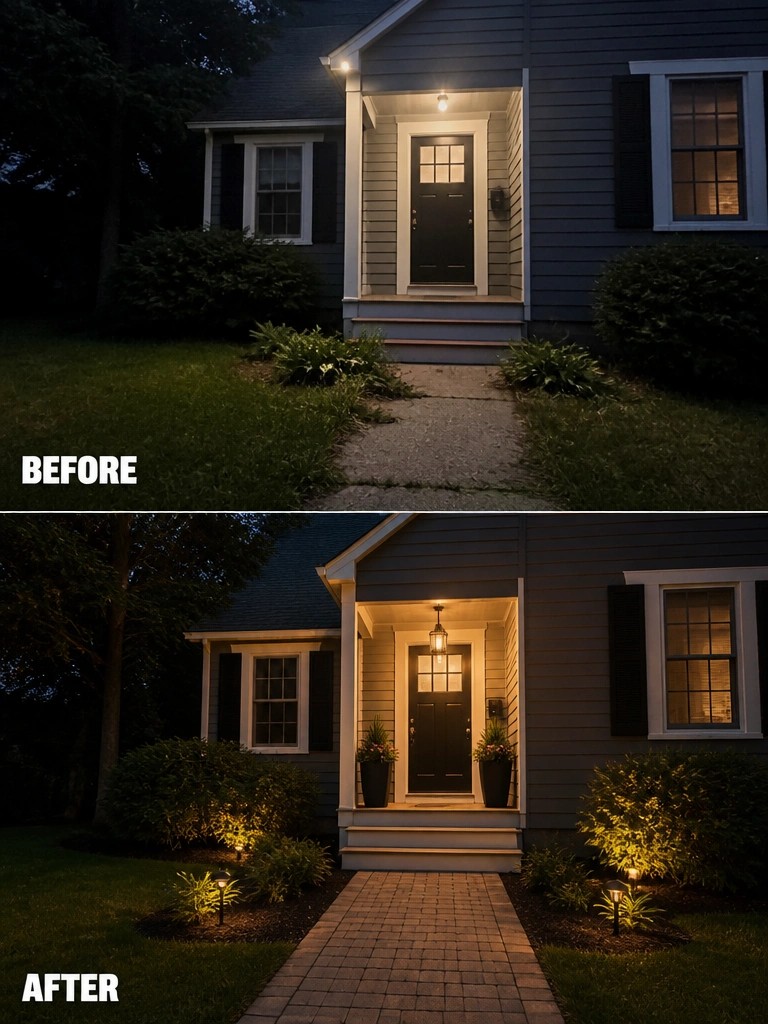Before-and-after image of a front entry with added brick path, potted plants, and outdoor lighting.
