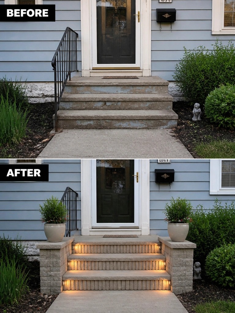 Before-and-after image of worn concrete front steps updated with built-in lighting, stone side pillars, and potted plants.