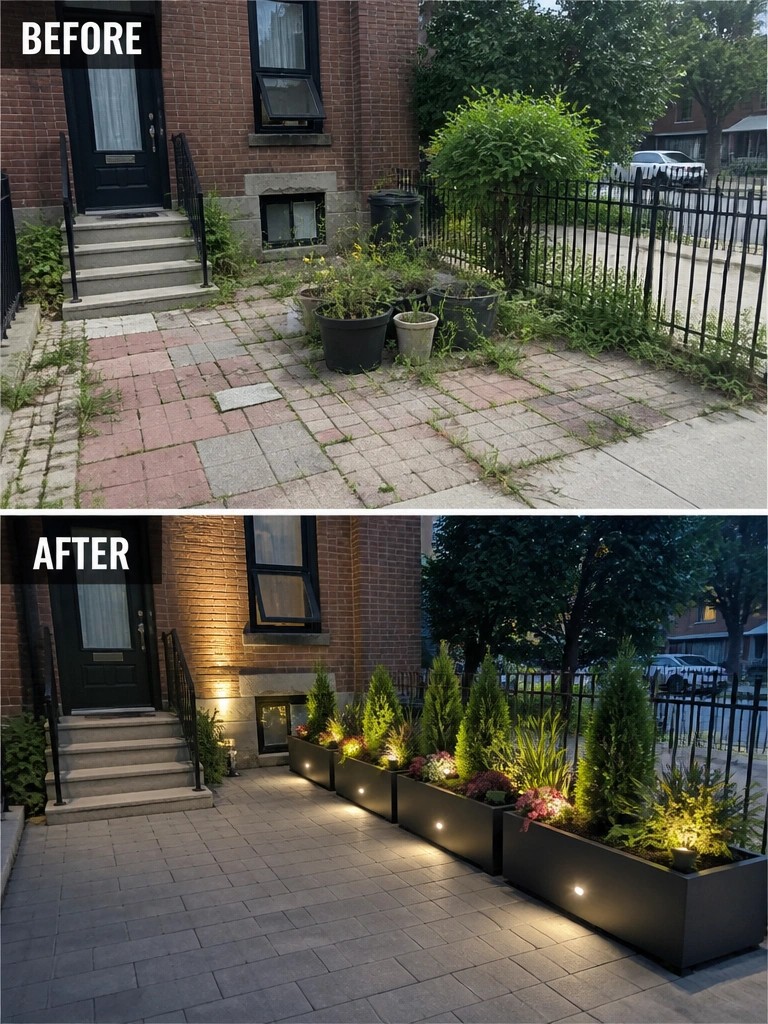 Before and after of brick house entrance with overgrown weeds vs modern lit planters.