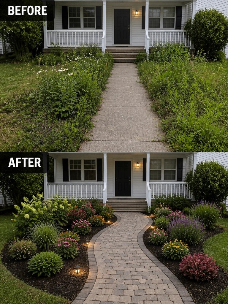 Before and after house entrance with overgrown weeds versus colorful curved brick pathway and lights