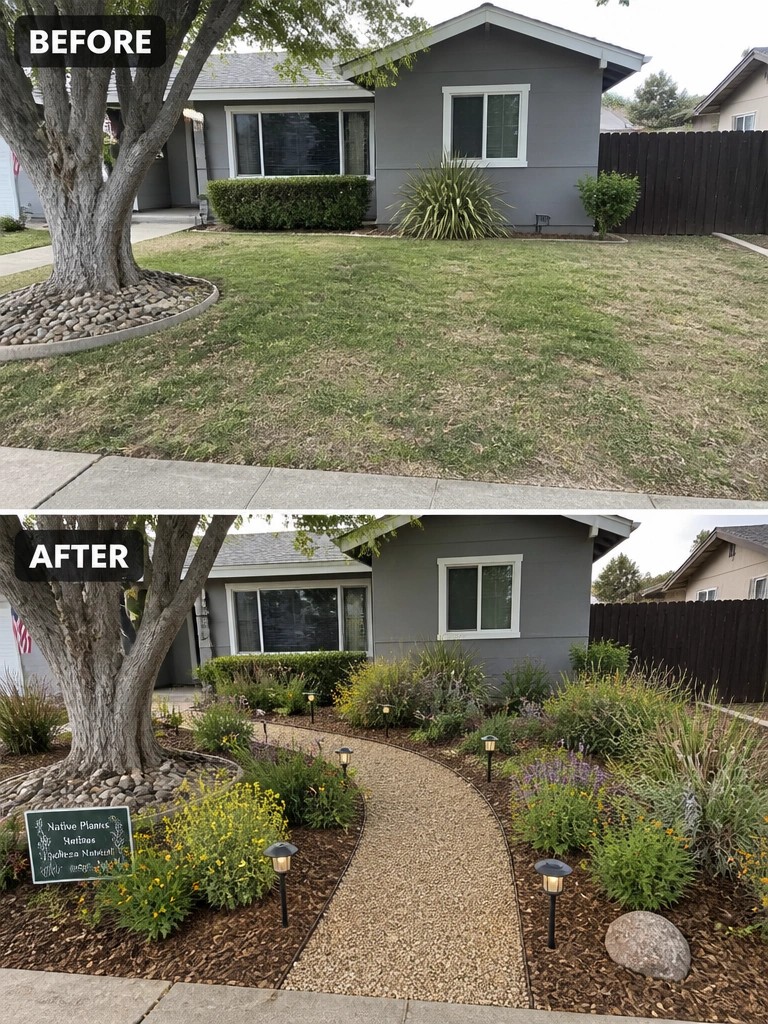 Before-and-after image of a front yard with a patchy lawn changed into defined garden beds, a gravel path, and low landscape lighting.