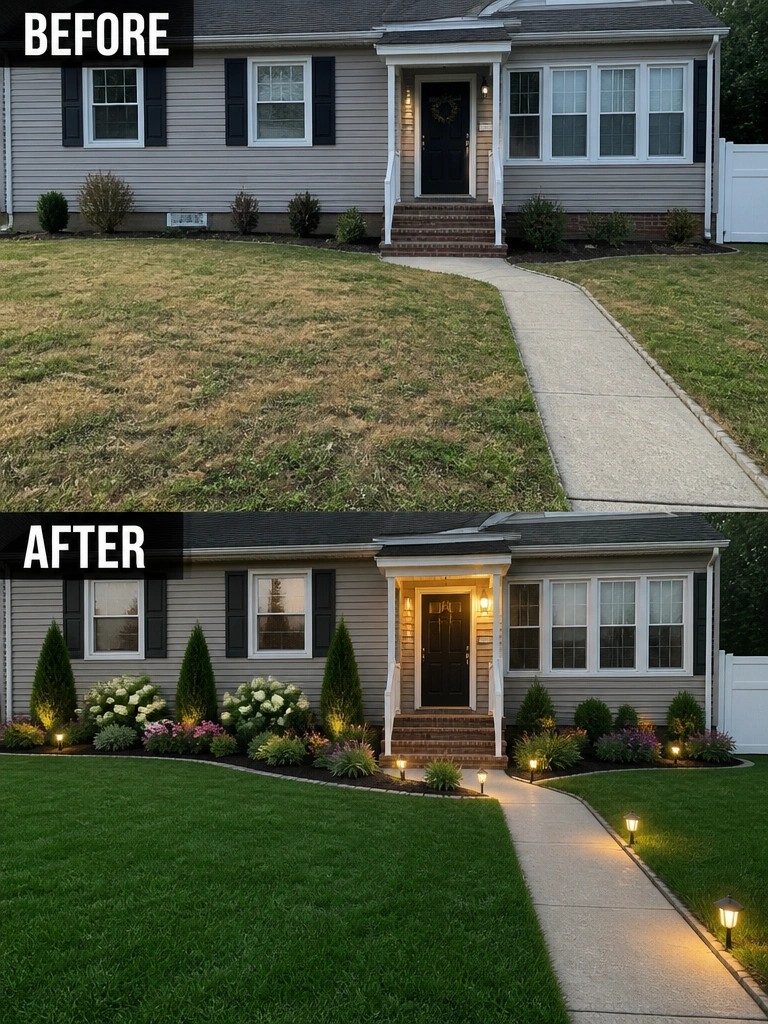 Before and after of house with new landscaping, flowers, and pathway lights