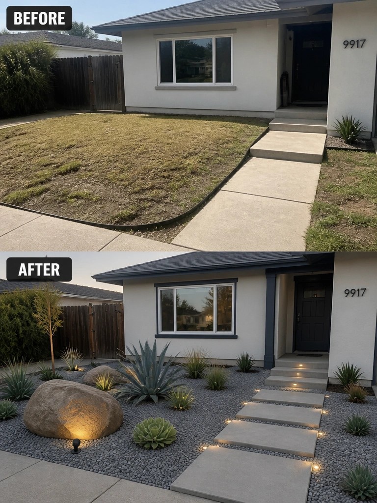 Before-and-after image of a front yard changed from patchy grass to gravel beds with rocks, succulents, and path lighting.